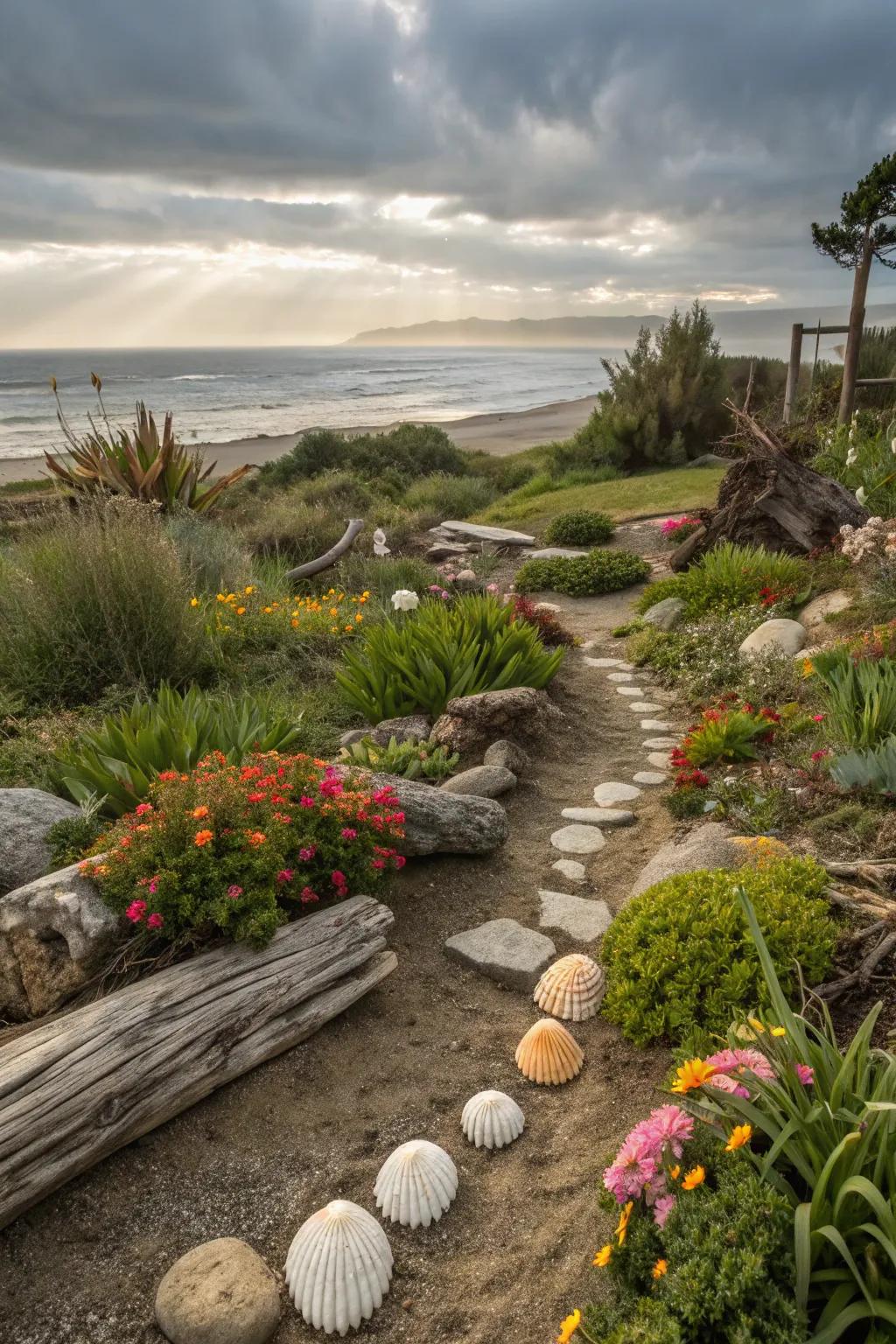 Beachcomber discoveries add personal charm to a coastal garden.