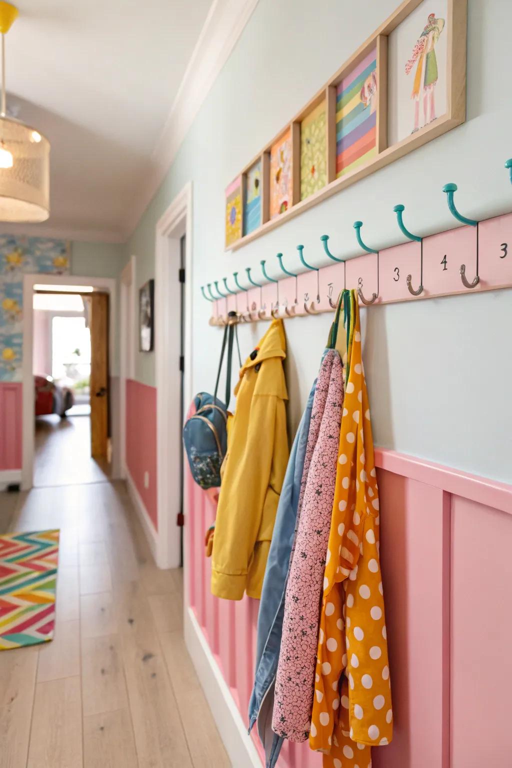 A multihued peg rail coat rack, introducing a playful and vibrant touch to the hallway.