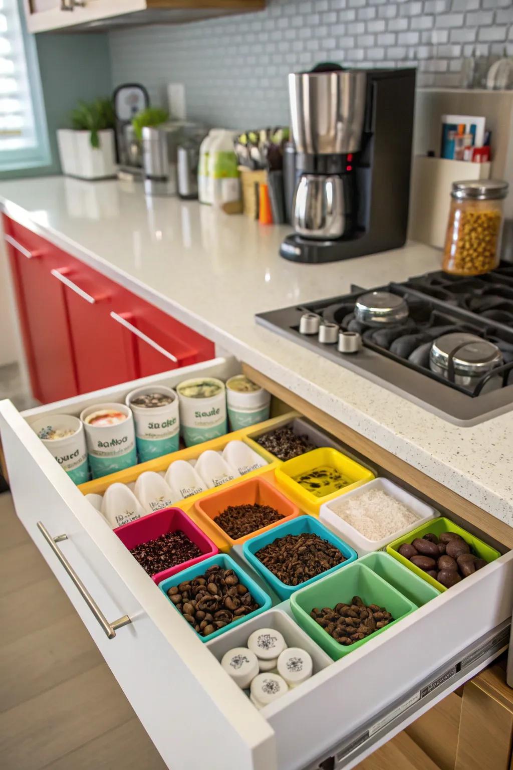 Color-coded containers render organization visually appealing and practical.