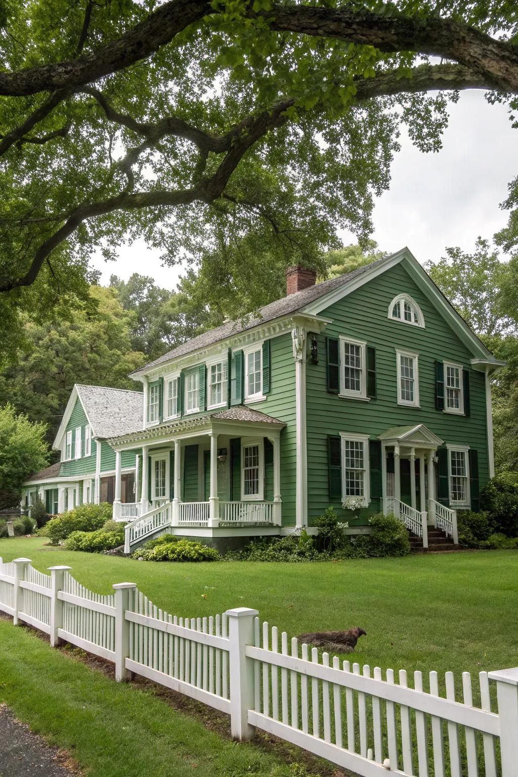 Colonial home with verdant siding and alabaster trim.