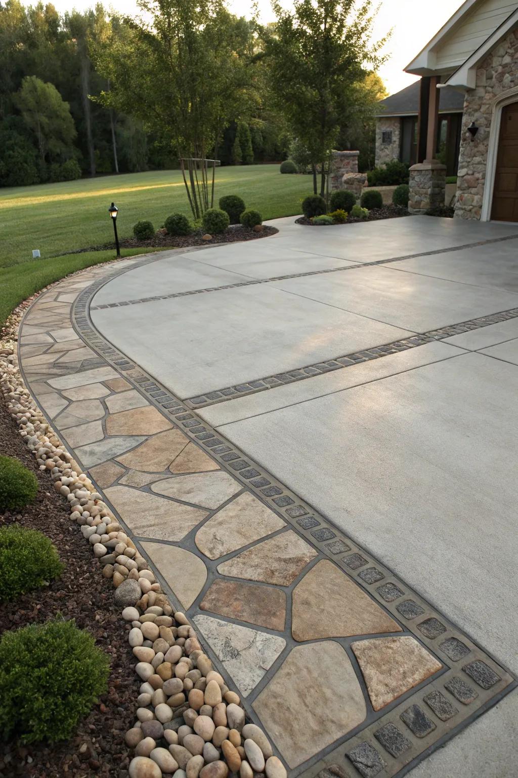 A driveway that creatively pairs concrete and rock for texture.