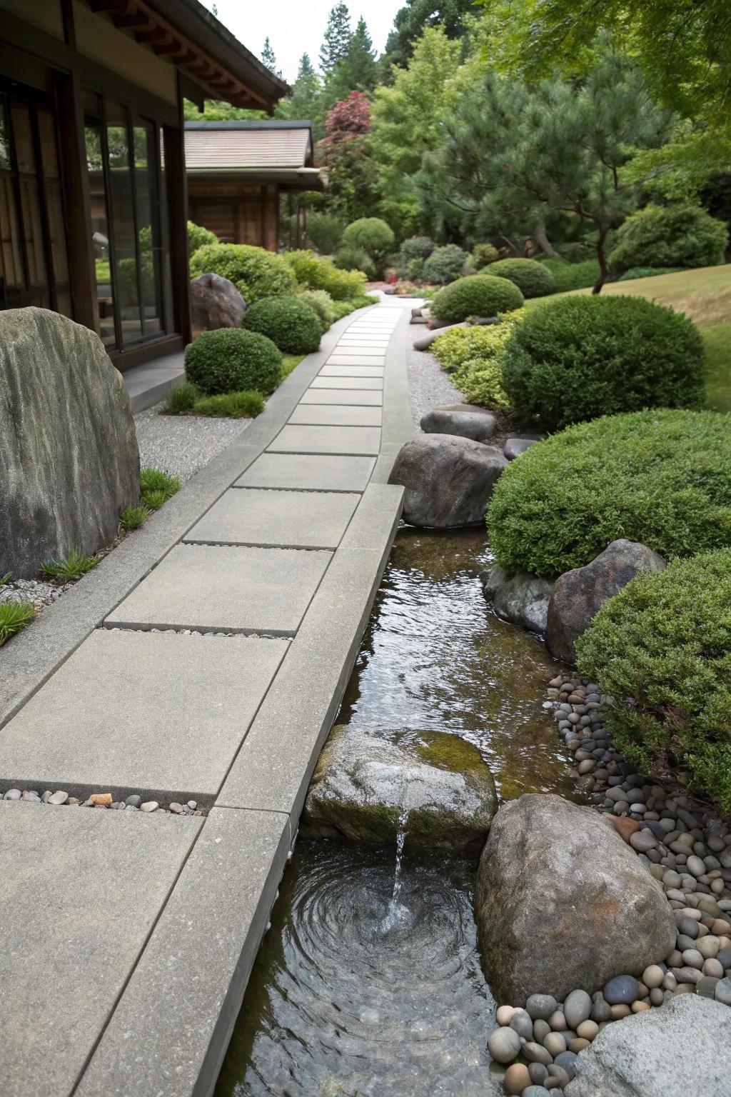 Water features add serenity to concrete walkways.