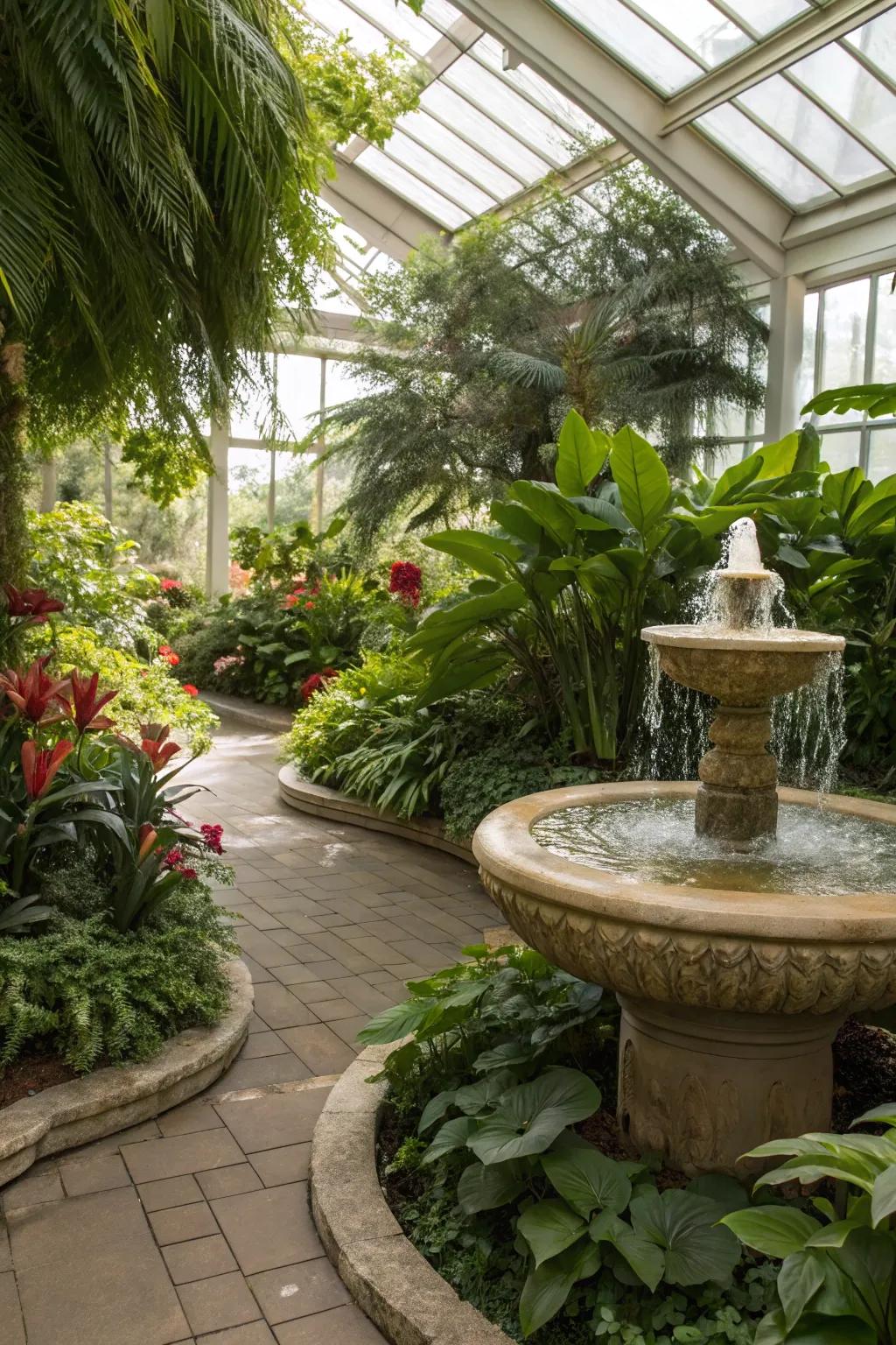 A calming water display within a sunroom.