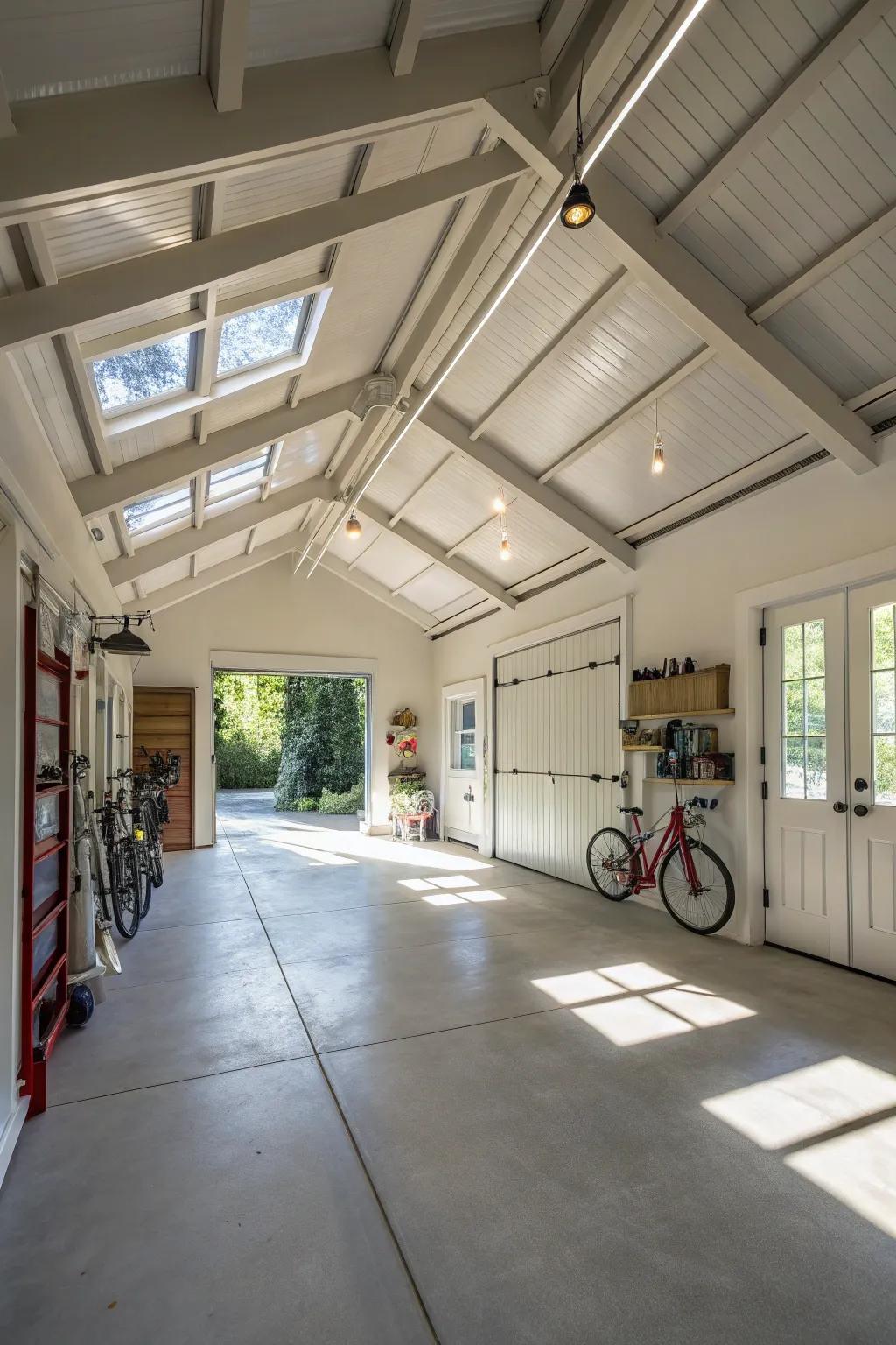 High ceilings create an open and spacious garage atmosphere.