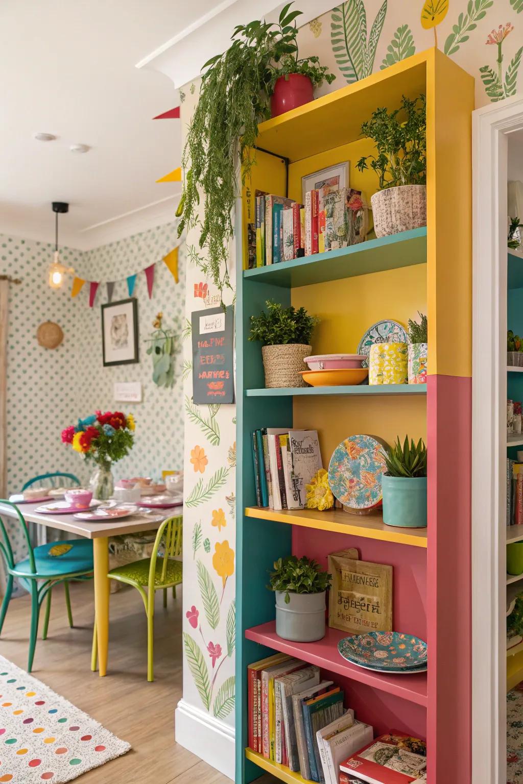 Colorful shelves offer energy and individuality to your area.