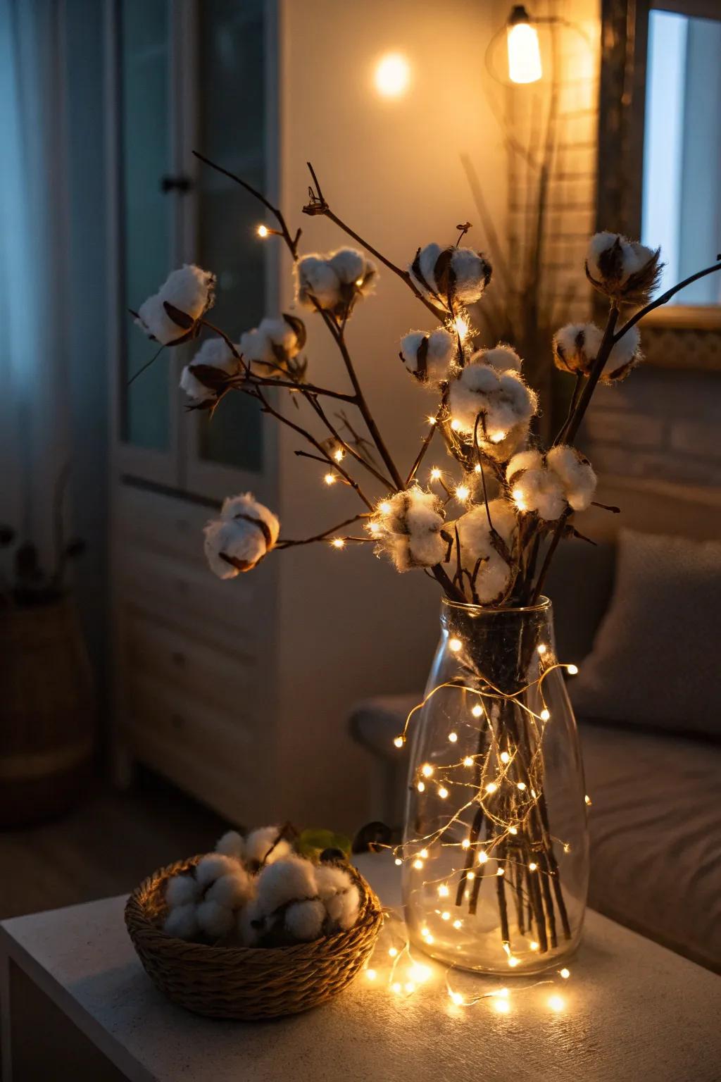 Whimsical appeal with pixie-lit cotton sprigs.