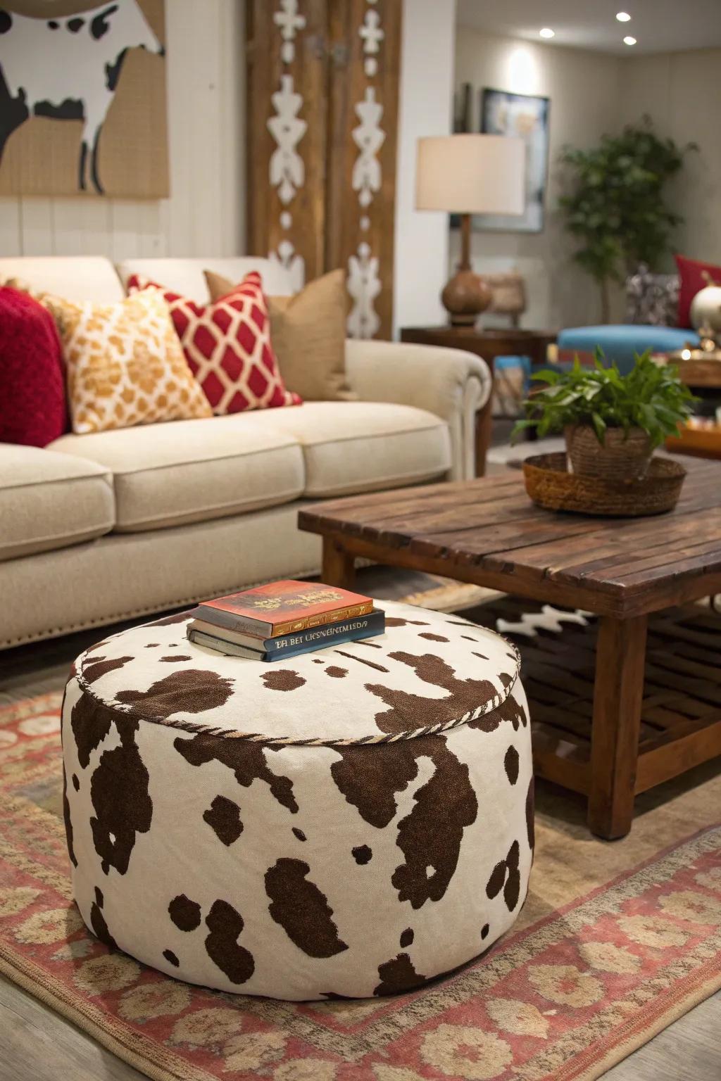 A bovine pattern ottoman contributes whimsy and function to any space.