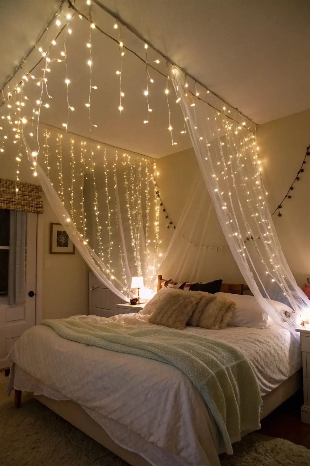 Sparkle lights placed under a bed.