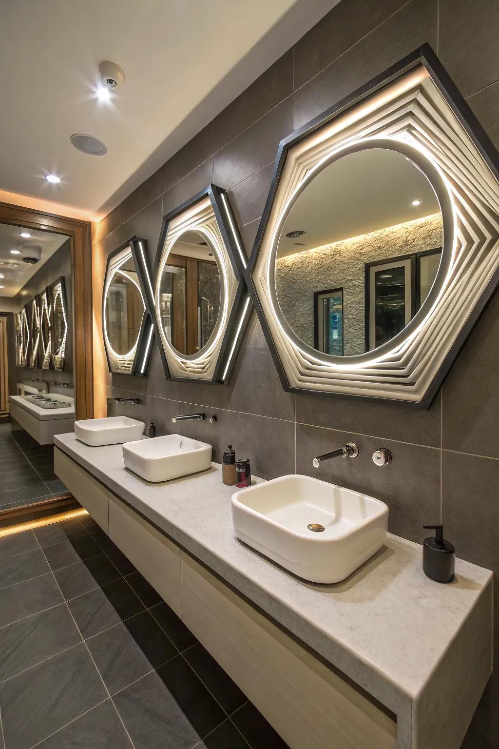 A bathroom featuring geometric mirrors that broaden the visual space.