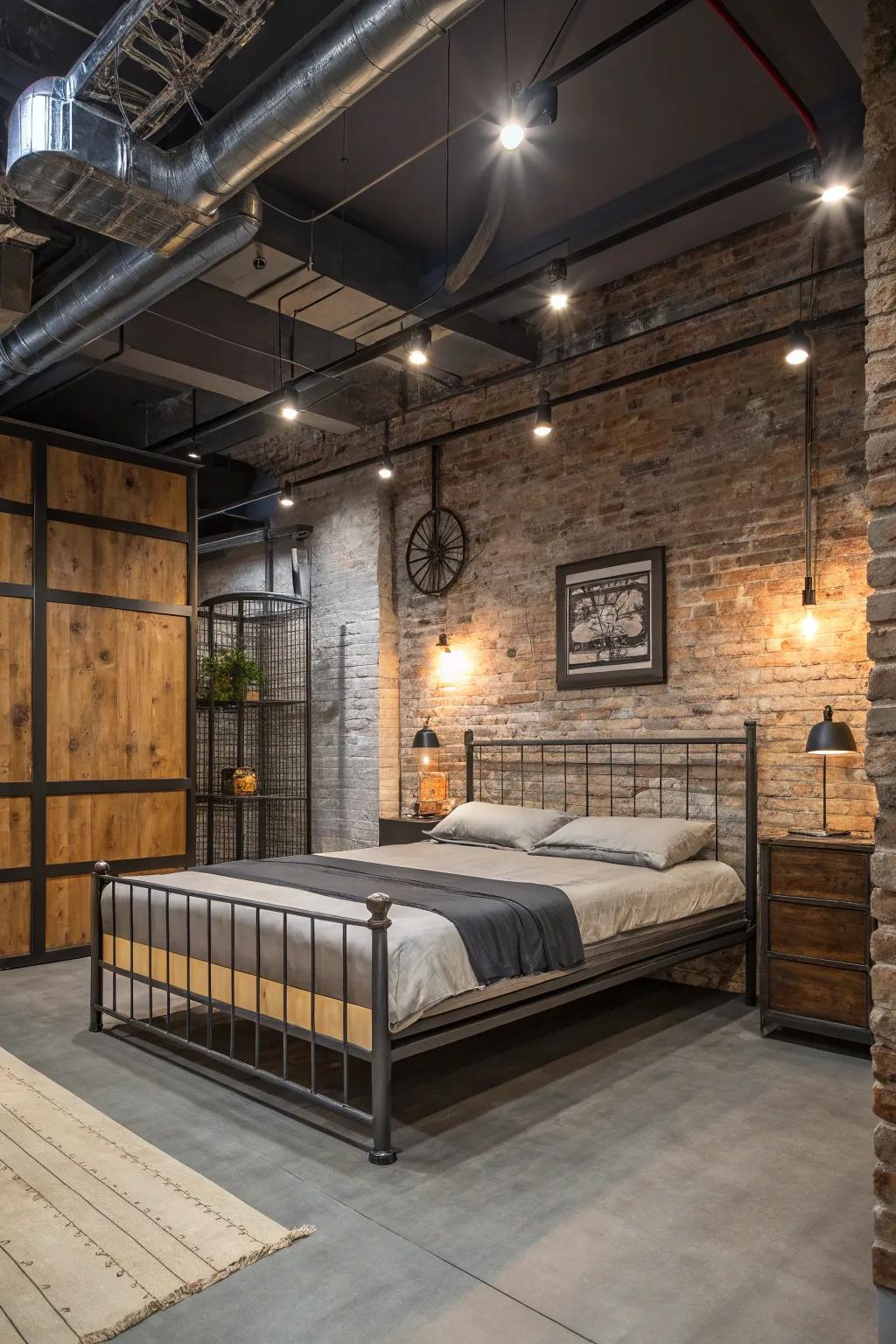An industrial-inspired bedroom showcasing urban elements.