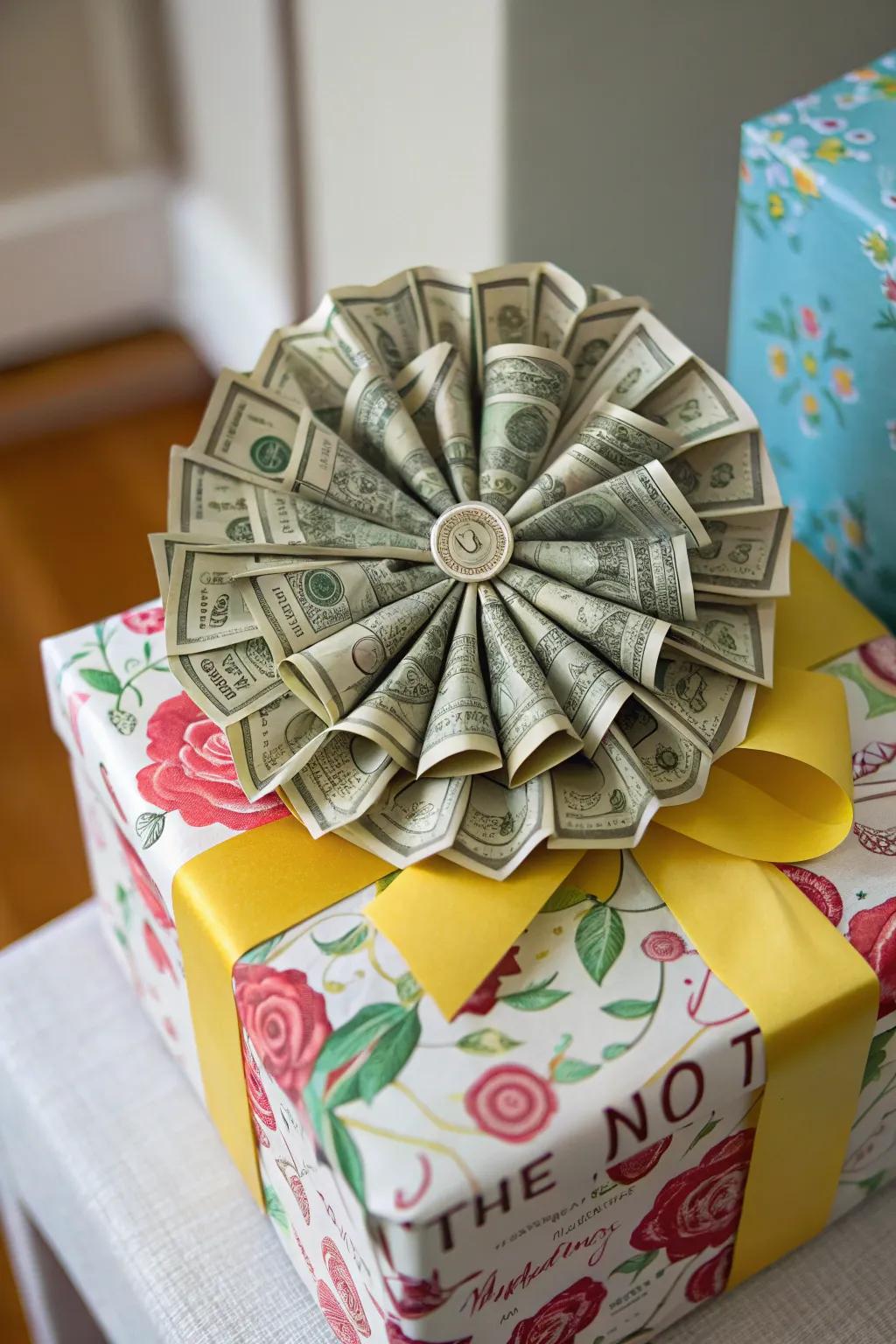 A currency rosette contributes elegance to any present.