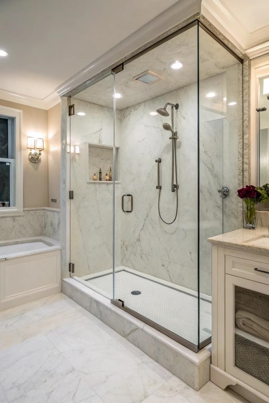 Borderless designs highlight the seamless beauty of refined marble alternative showers.