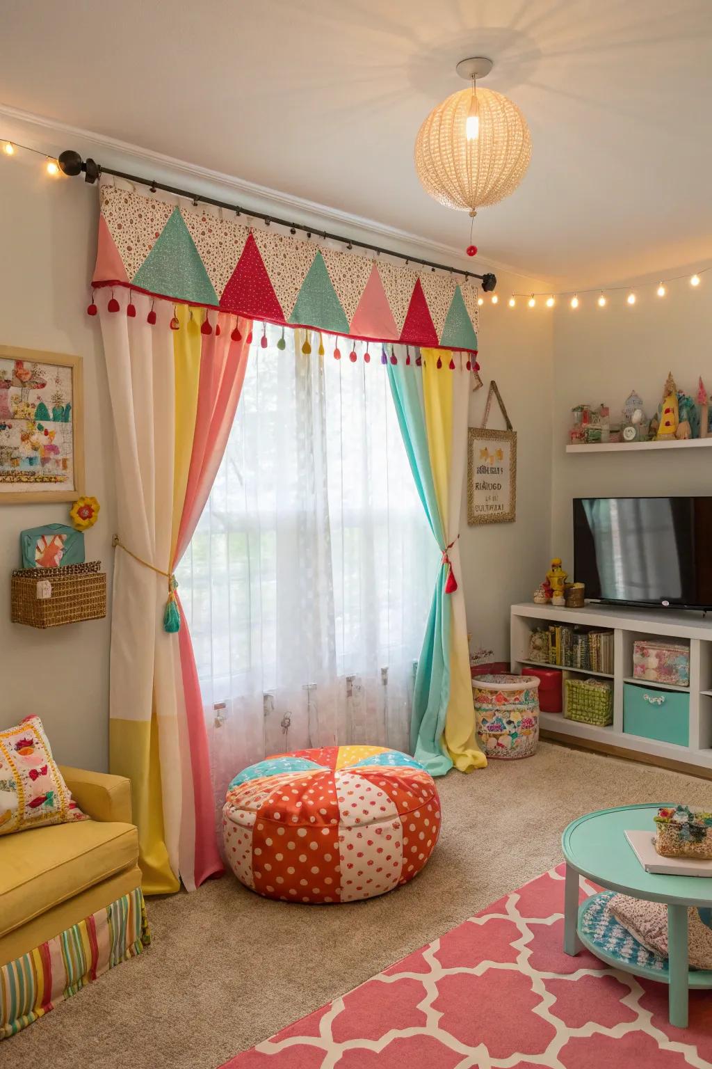 Ornamental pelmets introduce a whimsical element.