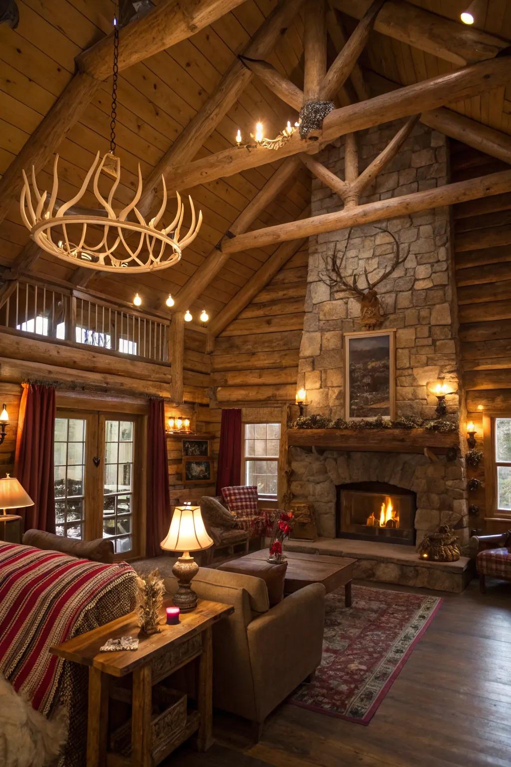 Horns as curtain rods create a unique, rustic appeal.