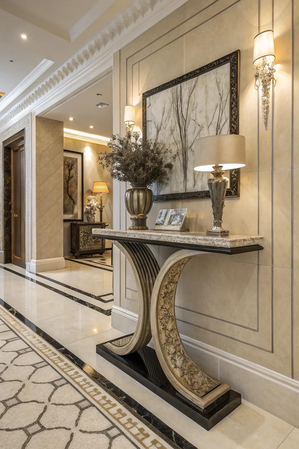 Artistic hall table creating a striking first impression