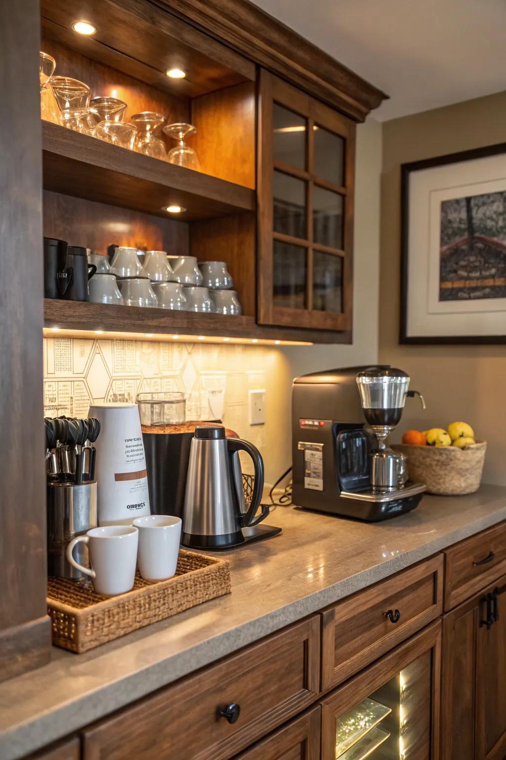 A coffee corner integrated into a home bar for coffee lovers.