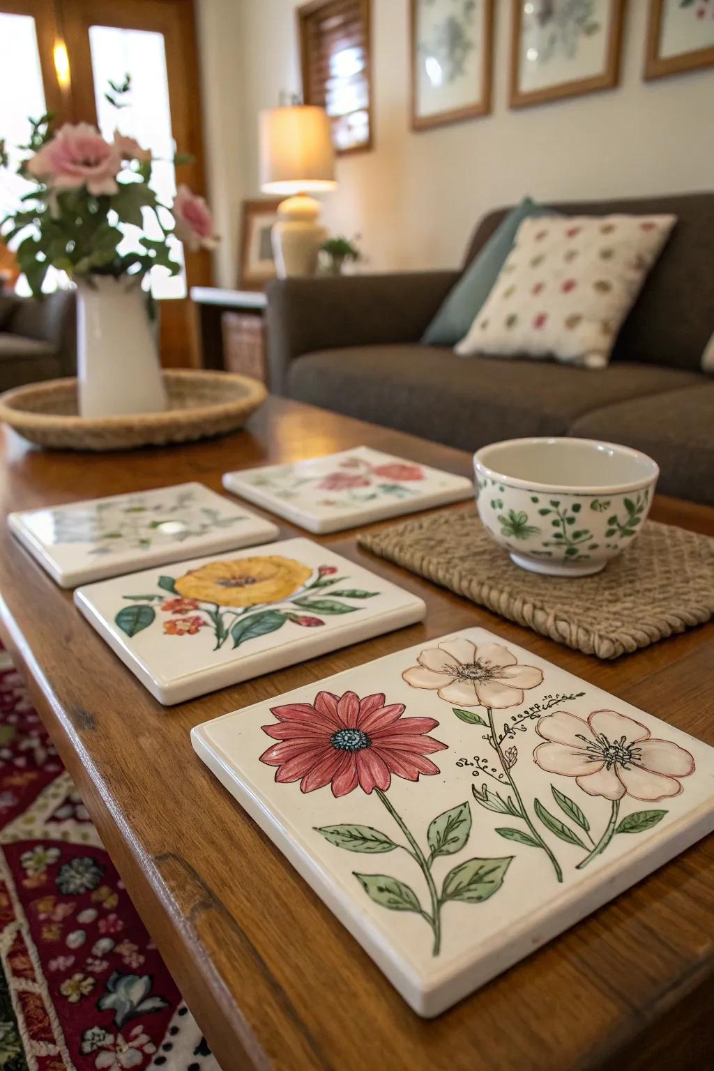 Charming coasters maintain the style and safety of surfaces.
