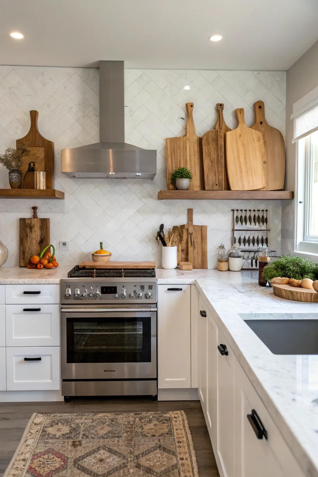 Chopping surfaces stored above the oven for space-saving.