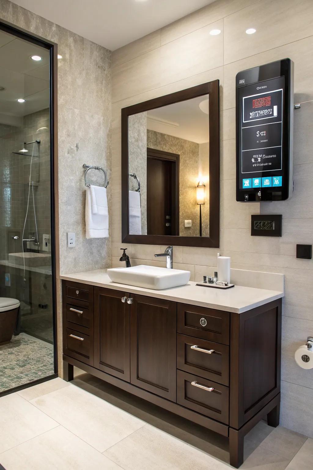 High-tech specs append contemporary convenience to a deep cocoa dressing table.