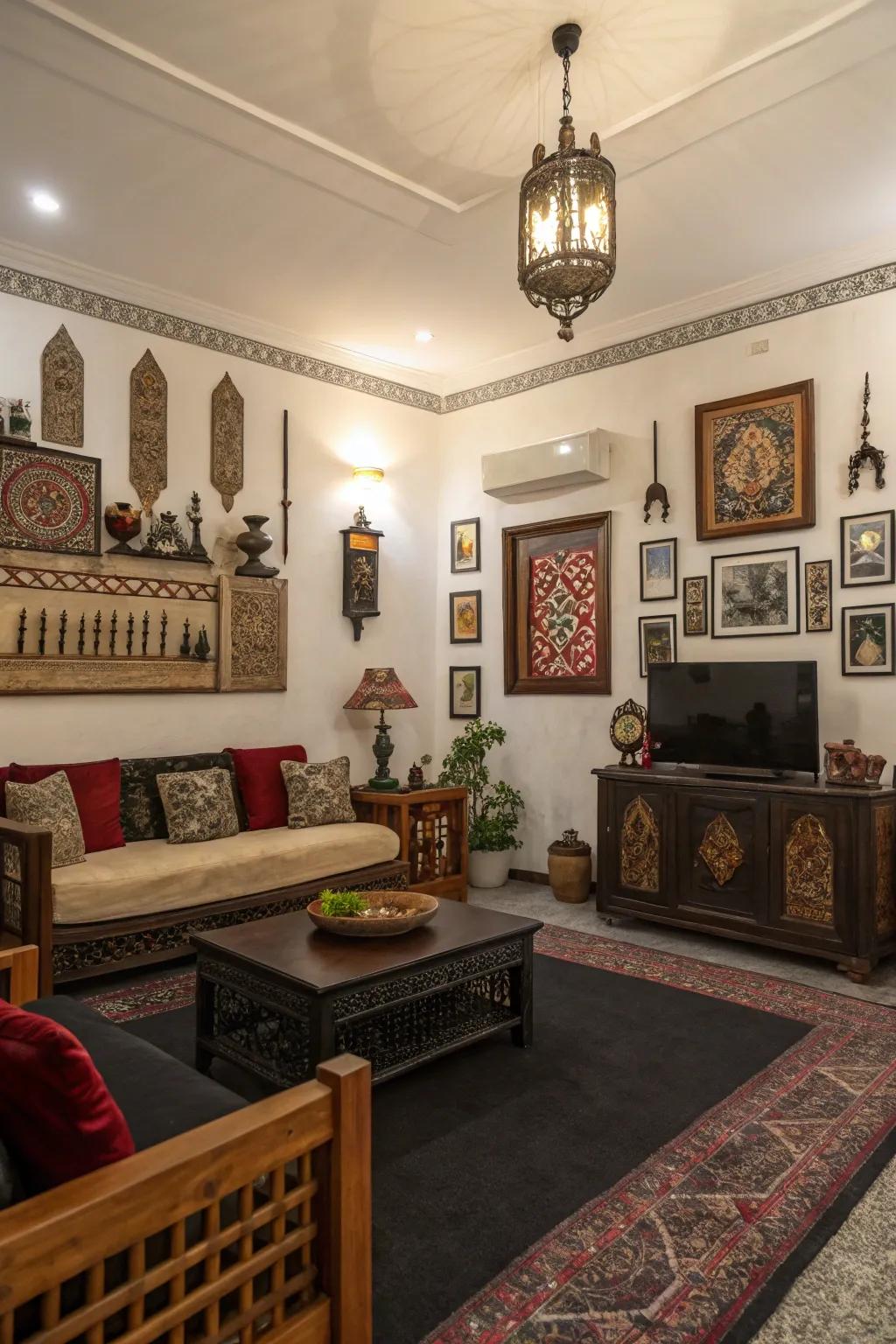 Cultural features add personality to a dark-toned carpeted space.