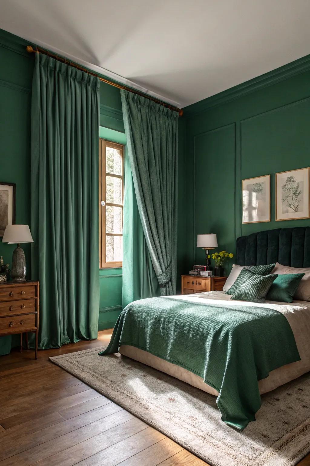 A bedroom via jade green window hangings and shaded-green walls offering elegance and intimacy.