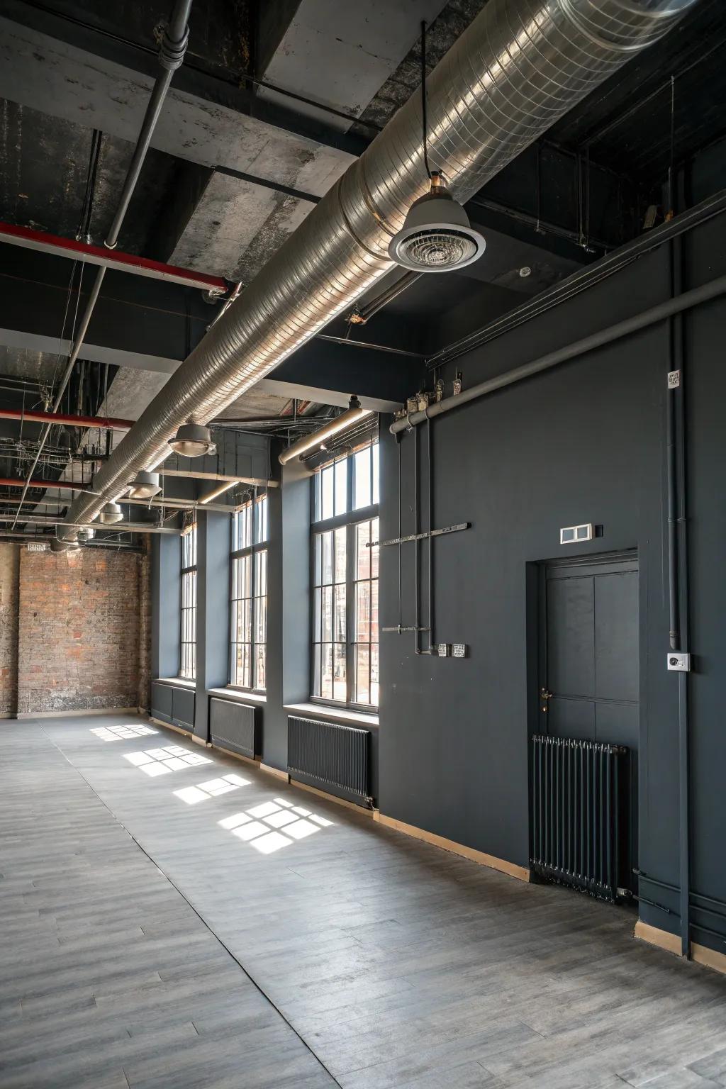 Industrial style adding an edgy touch to a charcoal room.