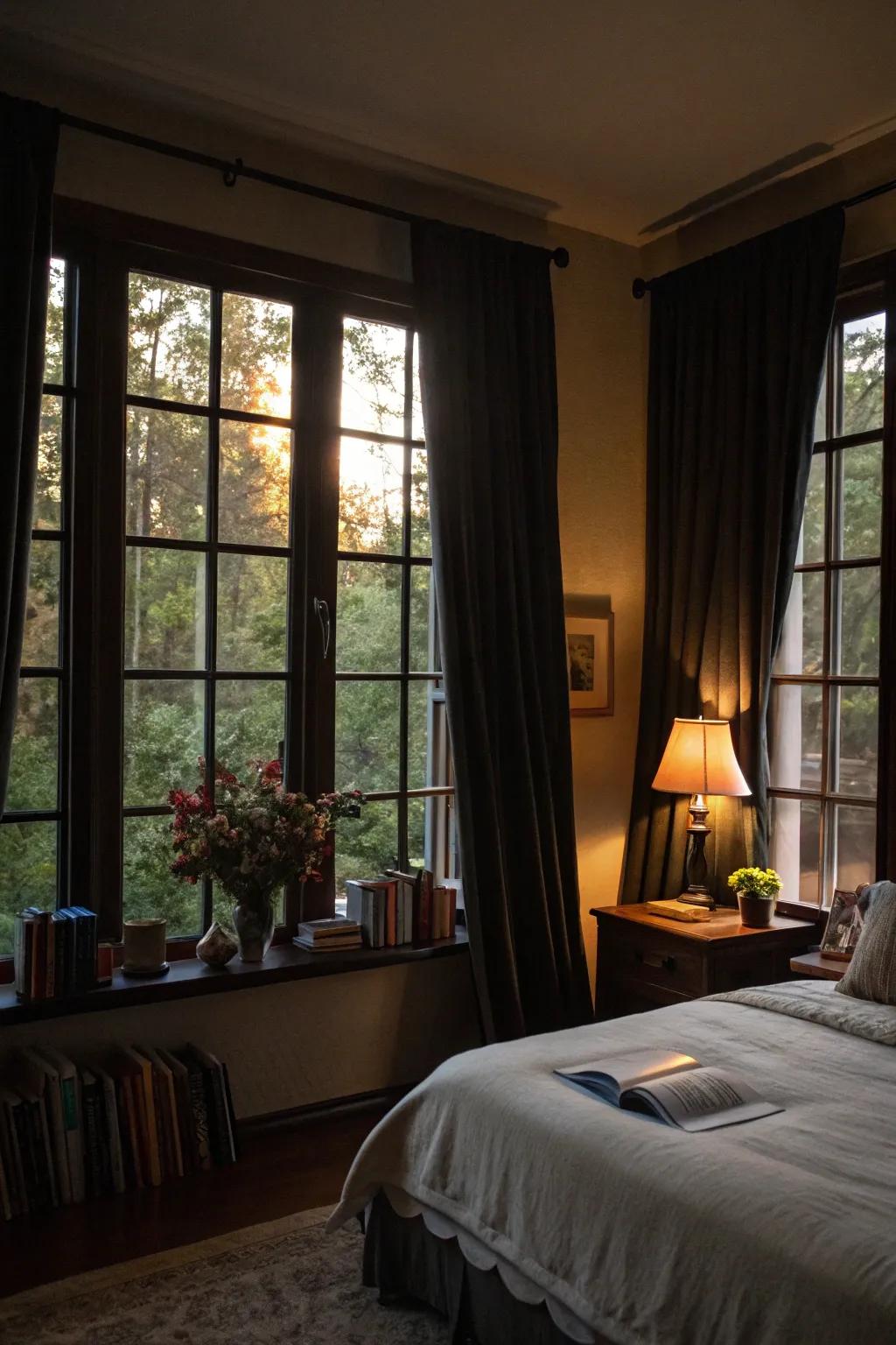 Dark window solutions introduce depth and ensure privacy.