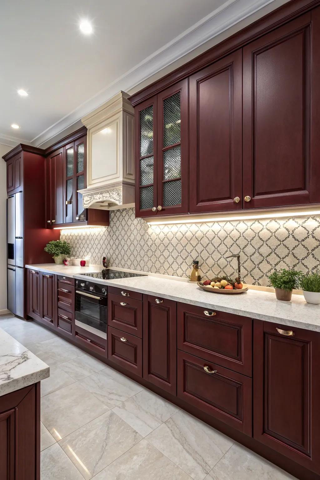 Striking culinary space featuring a dramatic backsplash and tinted ruby fixtures.
