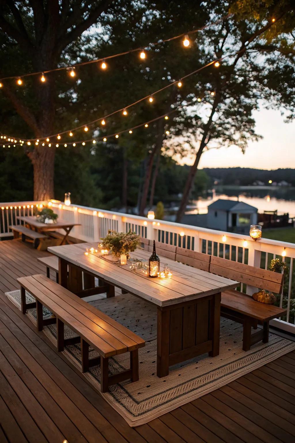 Integrated dining benches make outdoor dining a breeze.