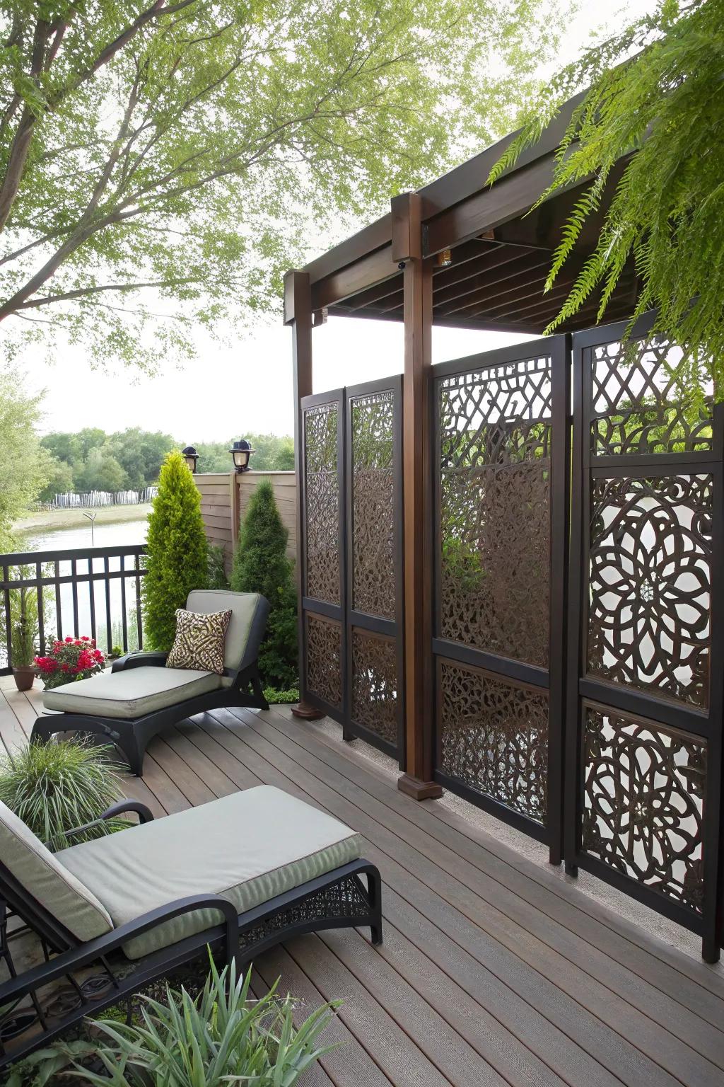 A stylish deck featuring seclusion screens as balustrades, offering artistic flair and privacy.