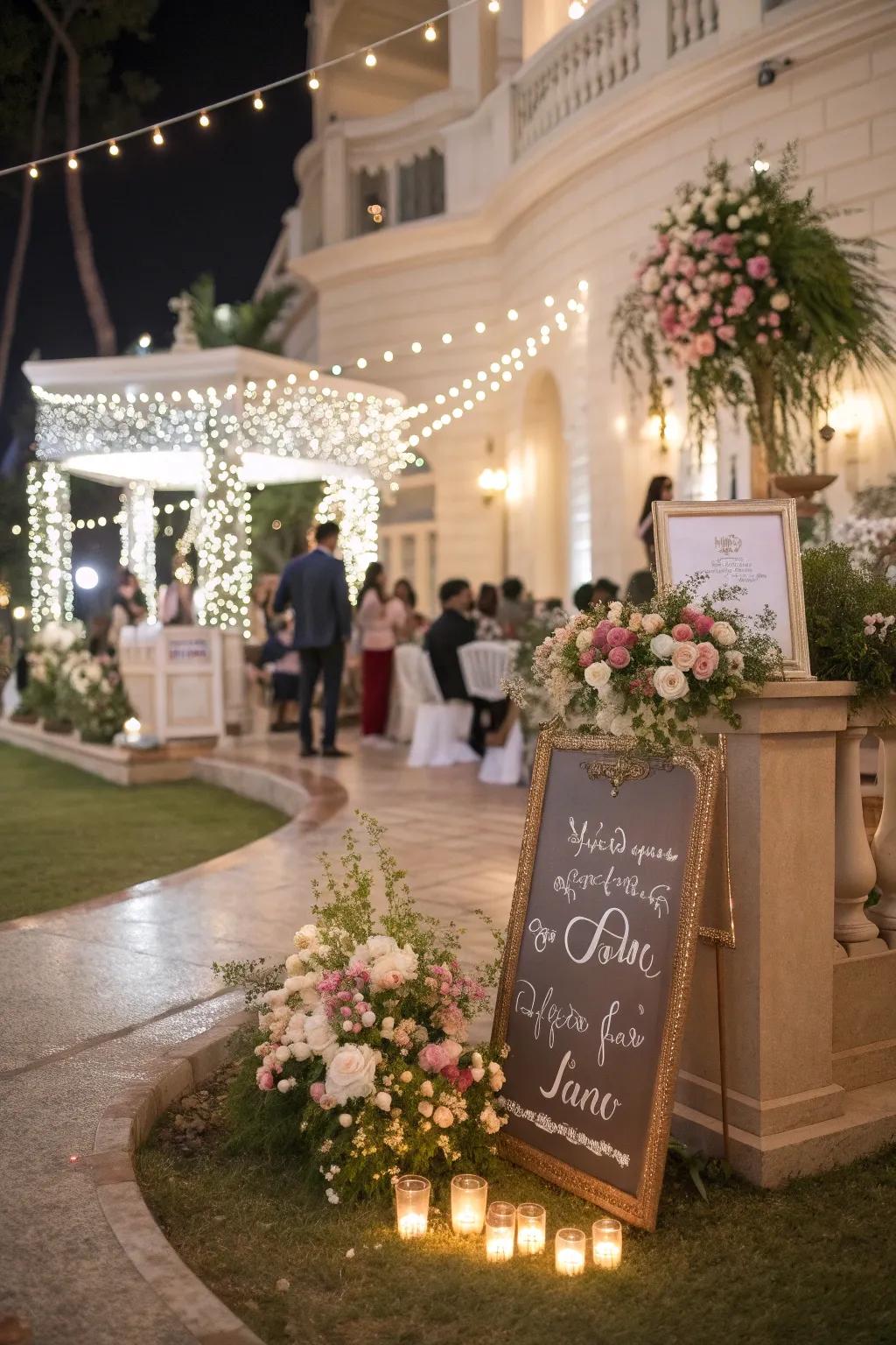 Personalized signs introducing a distinctive touch to a wedding venue.