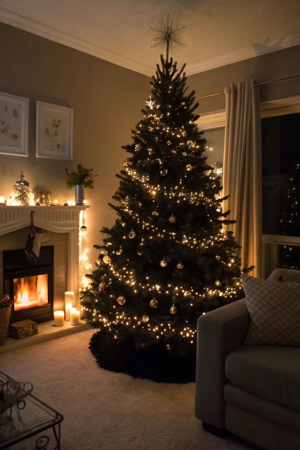 An ebony fir shimmering with sparkling illuminations.