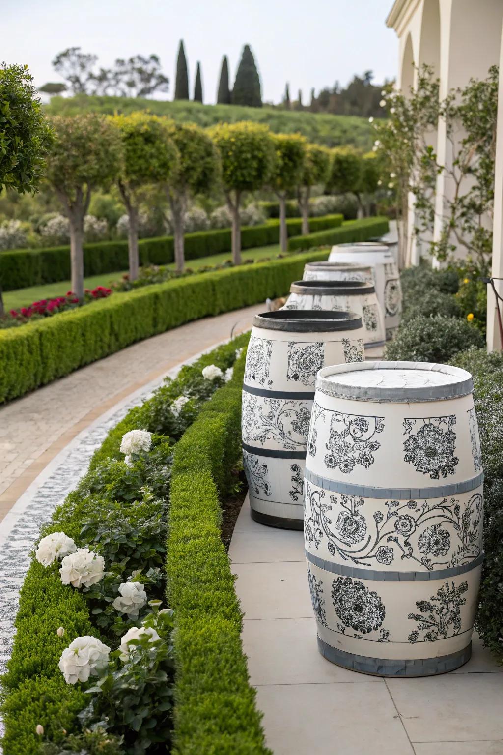 Barrels painted in elegant monochrome styles