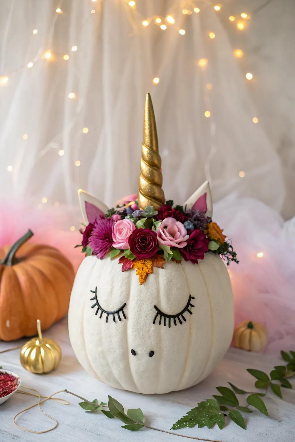 Enchant your attendees with a unicorn pumpkin brimming with fantasy.