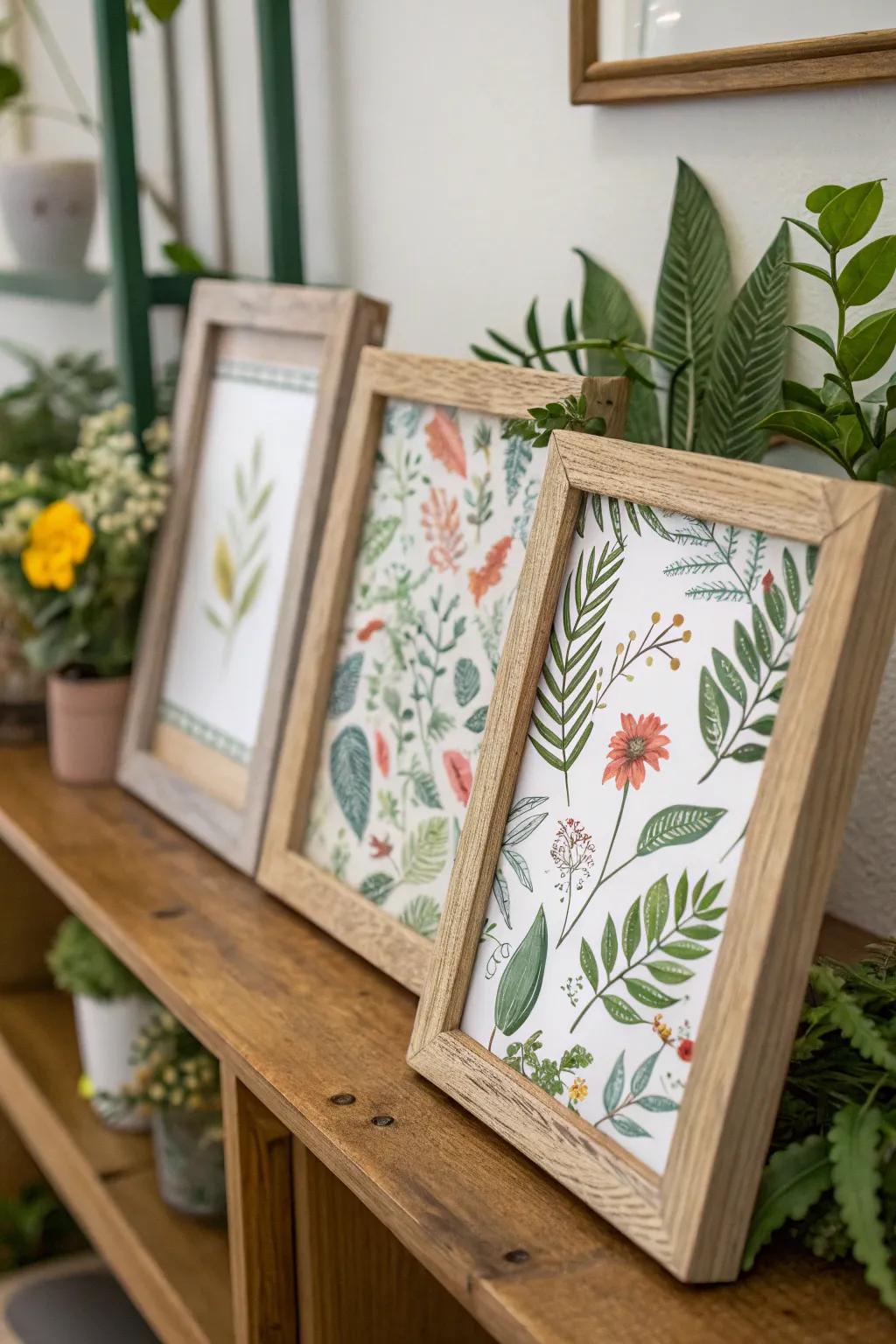 Botanical prints in holders infuse spaces with a refreshing natural touch.