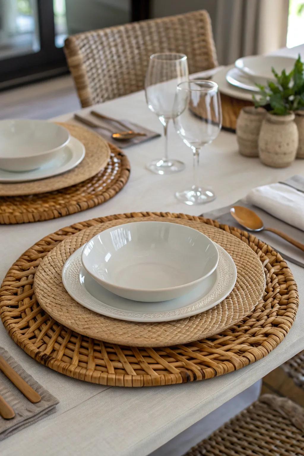 Textured rattan charger plates add visual depth.