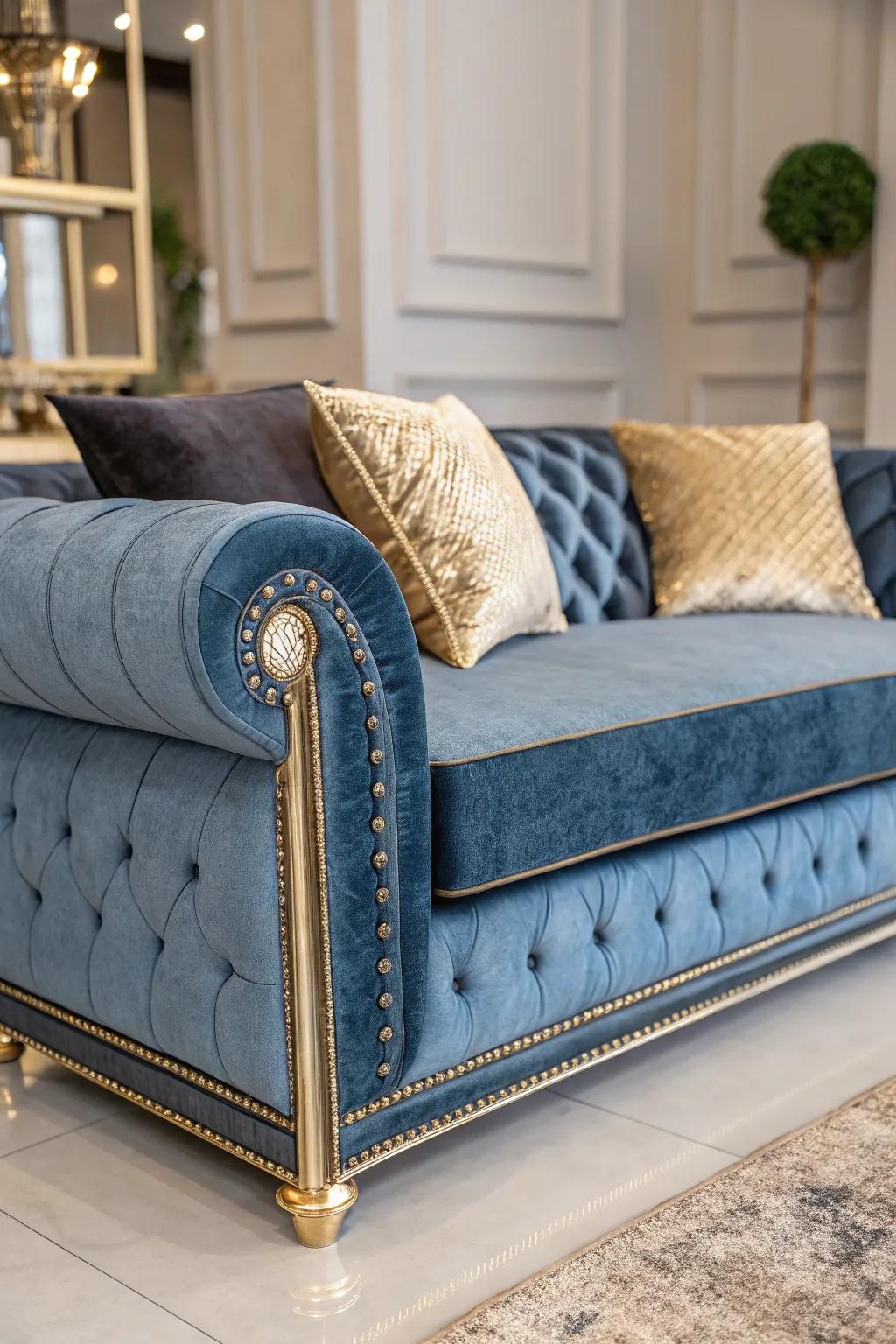 Glamorous touches infuse elegance to a horizon hue couch.