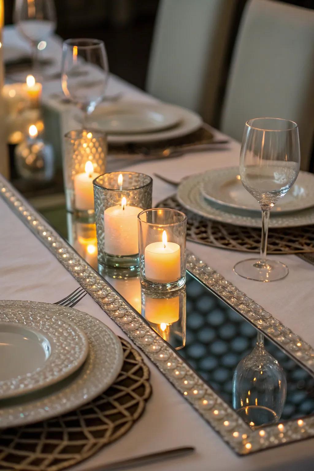 Reflective table runners contribute glamour and reflect light beautifully.