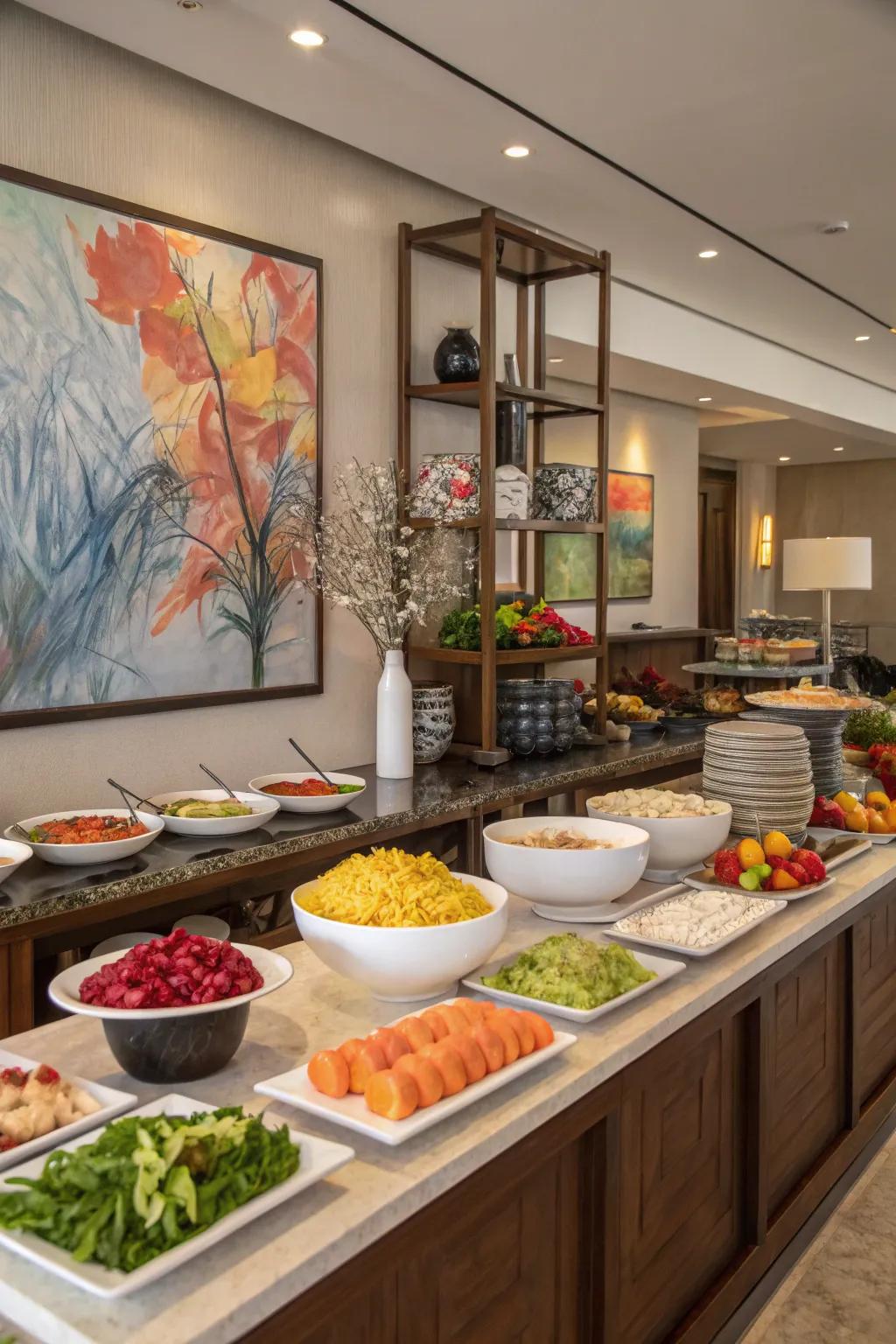 Maximizing wall space infuses depth and frames this buffet beautifully.