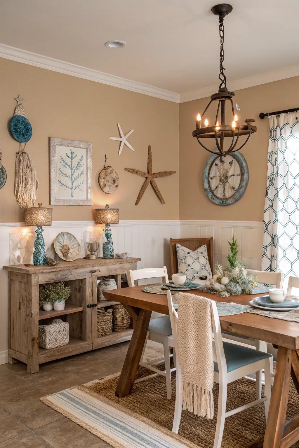 An inviting dining room with the gentle neutrality of sandy tan.