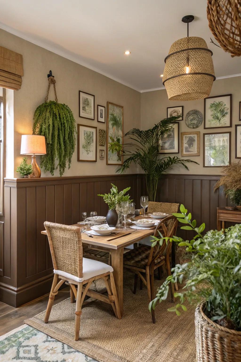Earthy-toned wainscoting introduces a calming and natural atmosphere.
