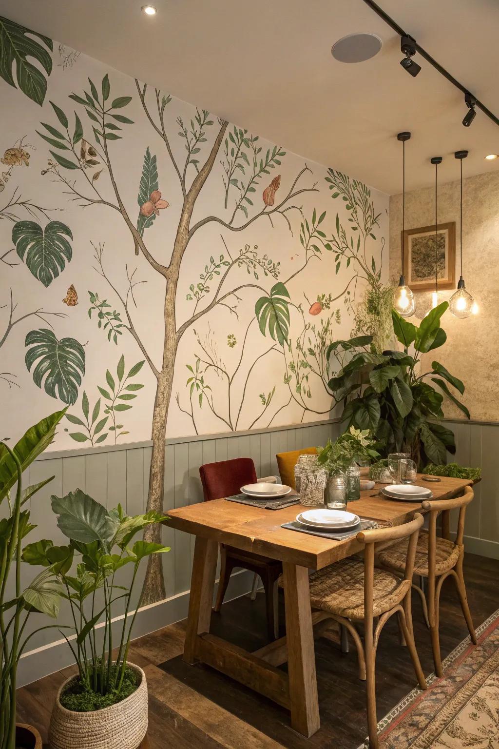 Nature-inspired wall covering and decor produce a serene eating atmosphere.