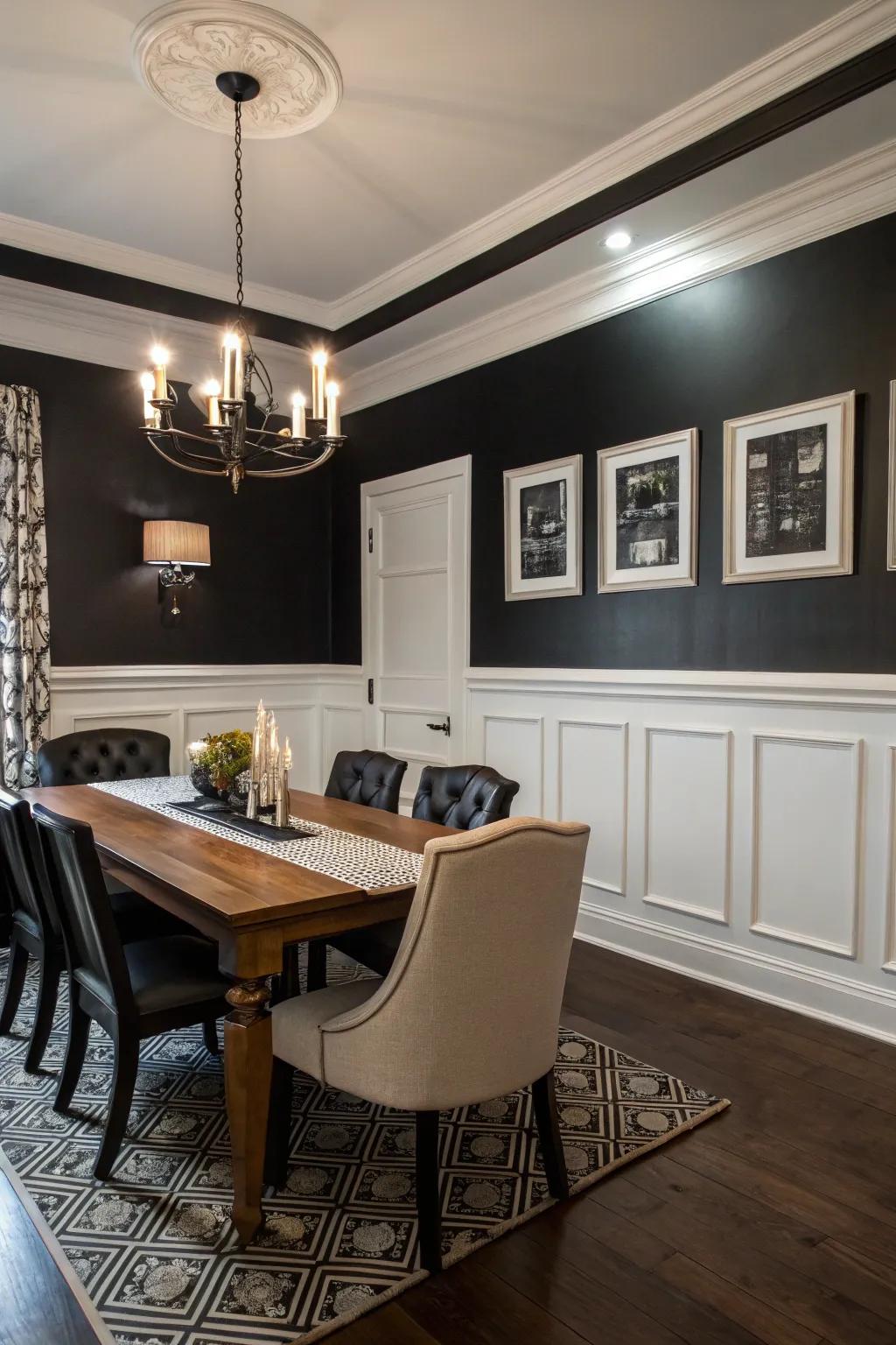 A striking dark and light color strategy cultivates a bold contrast.