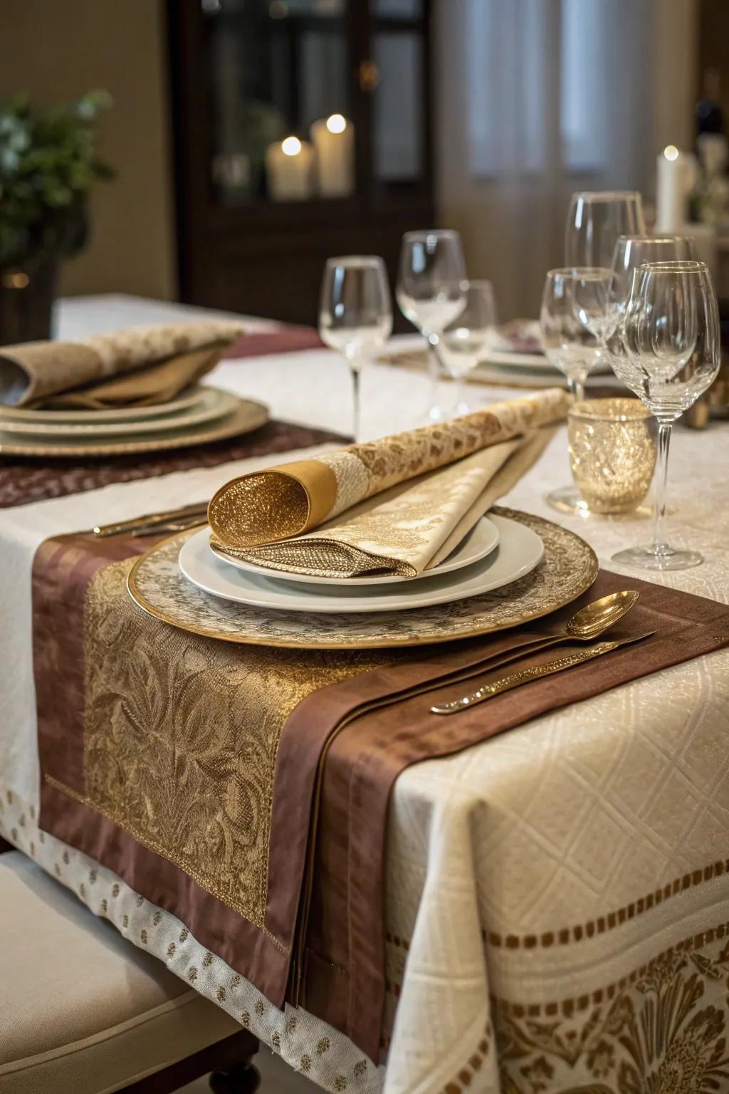A dining table featuring layered table linens.