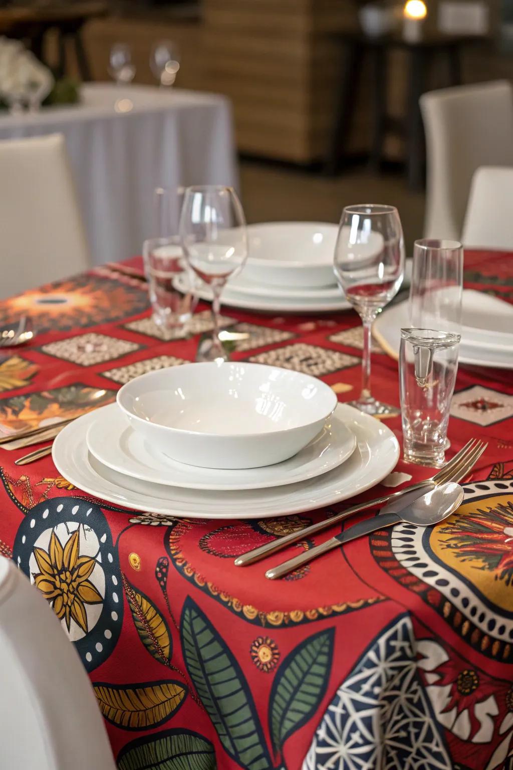 A striking patterned table cover can act as the focal point of the table.