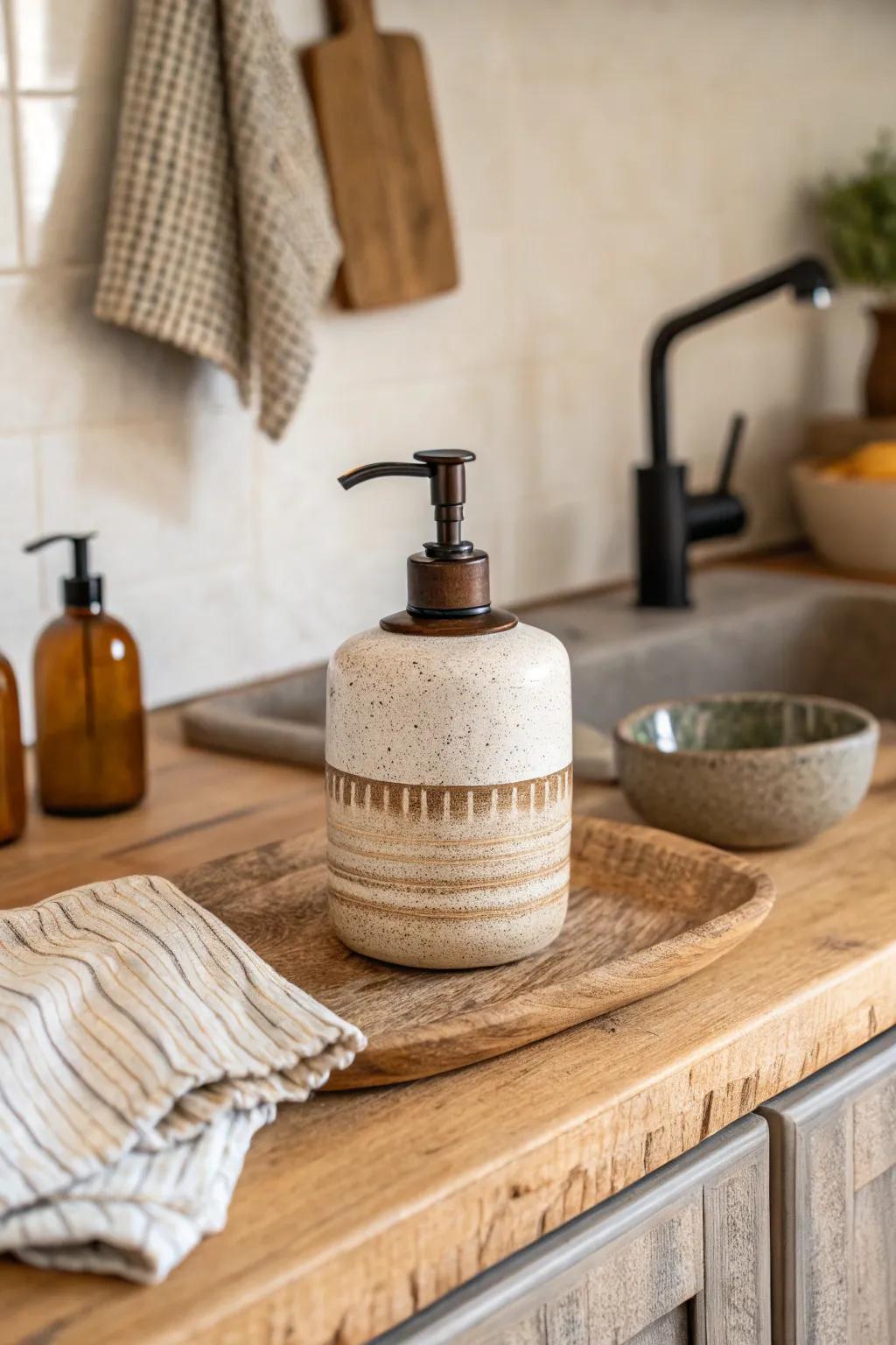 Stoneware dispensers inject elegance and texture.