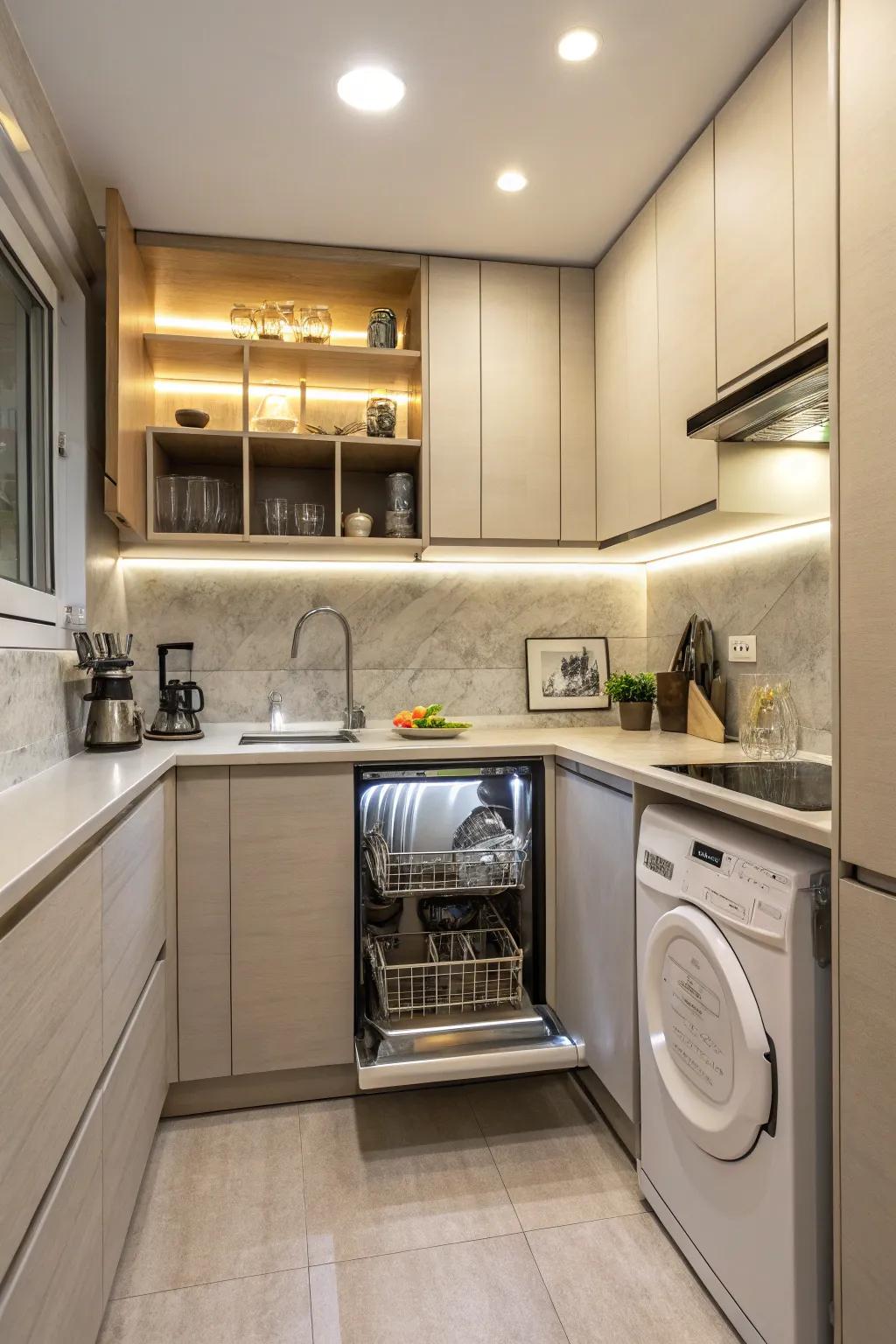 A dishwasher hidden smoothly behind matching kitchen cupboards.