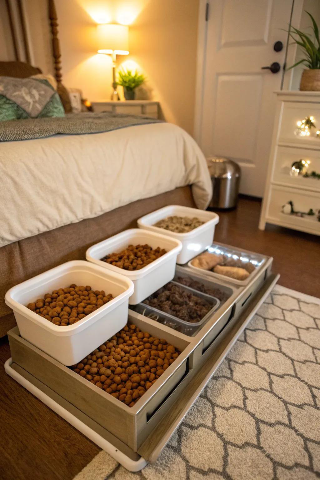 Under-bed storage modules present an unobtrusive answer for additional kibble provisions.