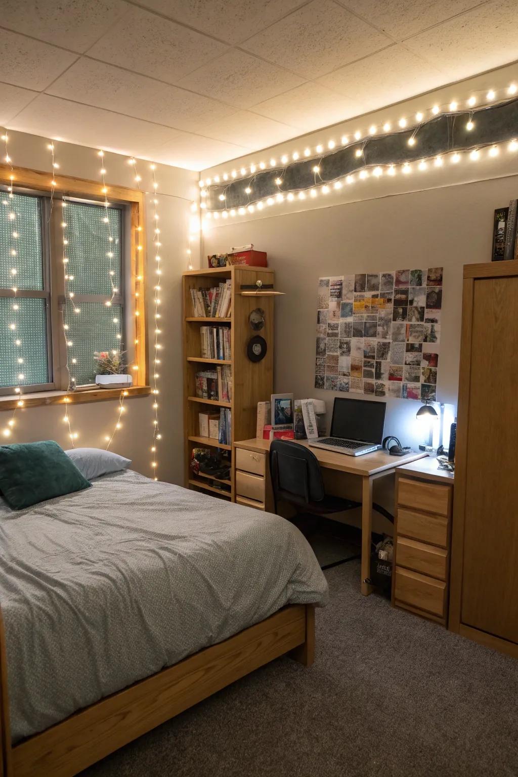 Creative lighting solutions in a dorm space that improves the environment.