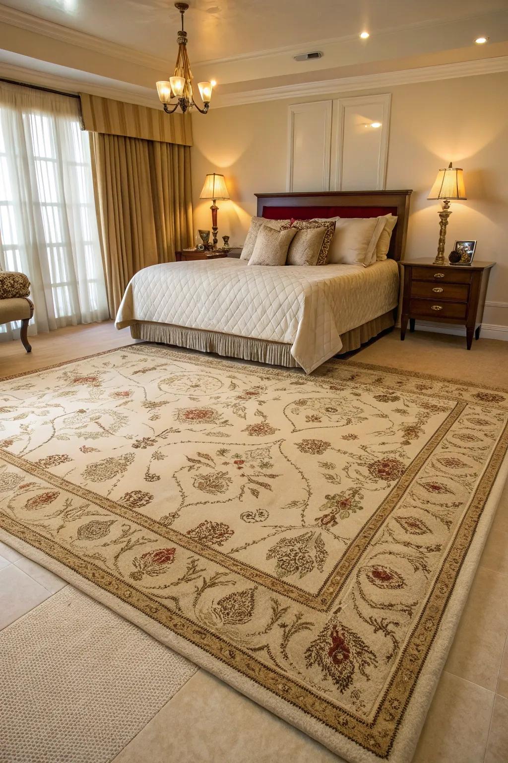 A bedroom featuring a classic ground covering providing warmth and texture.
